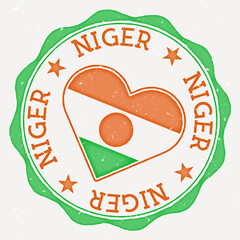 Niger heart flag logo. Country name text around Niger flag in a shape of heart. Artistic vector illustration.