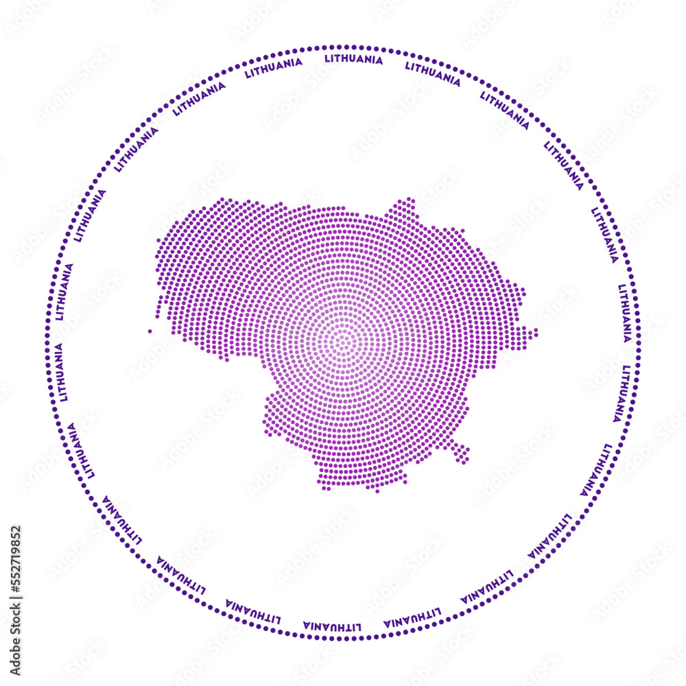 Poster lithuania round logo. digital style shape of lithuania in dotted circle with country name. tech icon