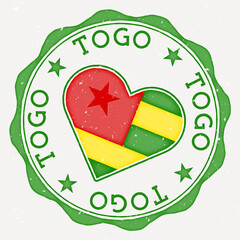 Togo heart flag logo. Country name text around Togo flag in a shape of heart. Astonishing vector illustration.