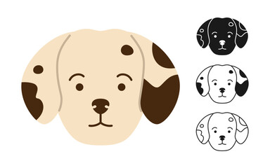 Dog dalmatian faces cartoon character set. Cute puppy childish kawaii head symbol muzzle, line doodle, icon or silhouette. Smiling funny doggy pet baby, comic print flat sticker template vector