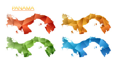 Set of vector polygonal maps of Panama. Bright gradient map of country in low poly style. Multicolored Panama map in geometric style for your infographics. Radiant vector illustration.