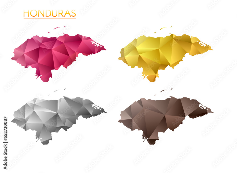 Poster set of vector polygonal maps of honduras. bright gradient map of country in low poly style. multicol