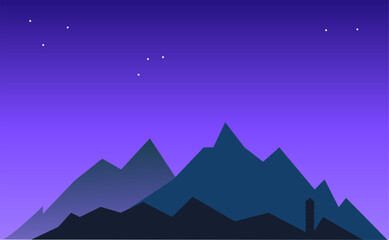 Vector landscape with silhouettes of blue mountains and temple