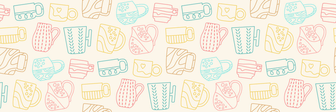 Cup mug trendy doodle seamless pattern, simple contour wallpaper. Crafted ceramic tableware endless linear ornament. Tea mugs, coffee cups beverages teacup repeat boundless texture vector