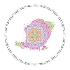 Lombok round logo. Digital style shape of Lombok in dotted circle with island name. Tech icon of the island with gradiented dots. Attractive vector illustration.