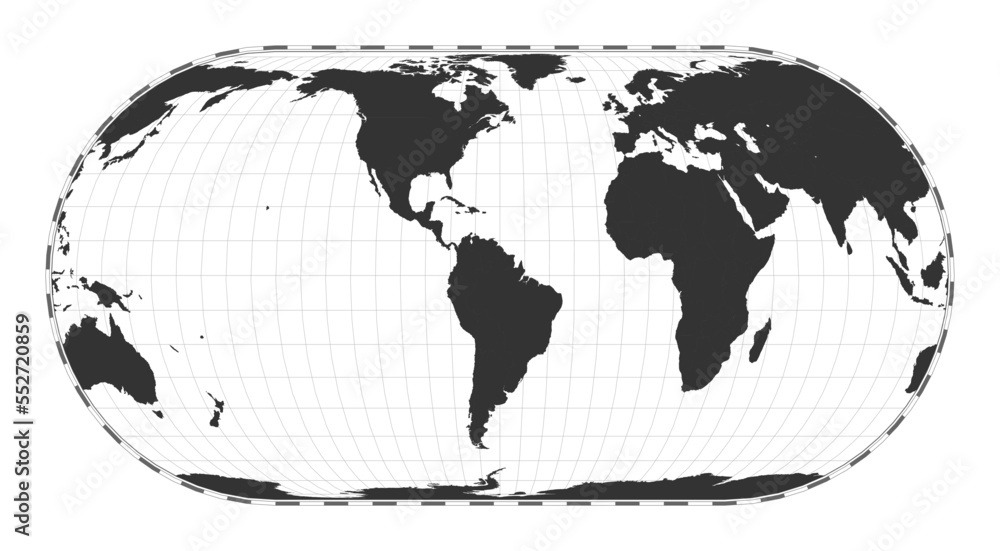 Poster vector world map in eckert iv projection. geographical map with latitude and longitude lines, center