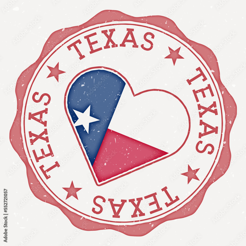 Poster texas heart flag logo. us state name text around texas flag in the shape of a heart. beautiful vecto