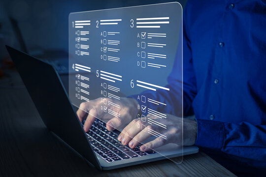 Online Test, Assessment Or Academic Exam And Answer Multiple Choice Questions On Computer Screen. E-learning, Remote Student, Survey, Questionnaire, Quiz On Internet. MCQ. Person Working On Laptop.