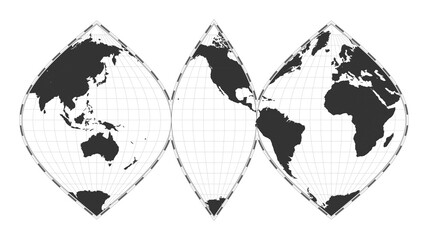 Vector world map. Interrupted sinusoidal projection. Plan world geographical map with latitude/longitude lines. Centered to 120deg E longitude. Vector illustration.