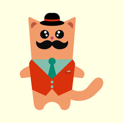Cat illustration with costume, mustache and cap 