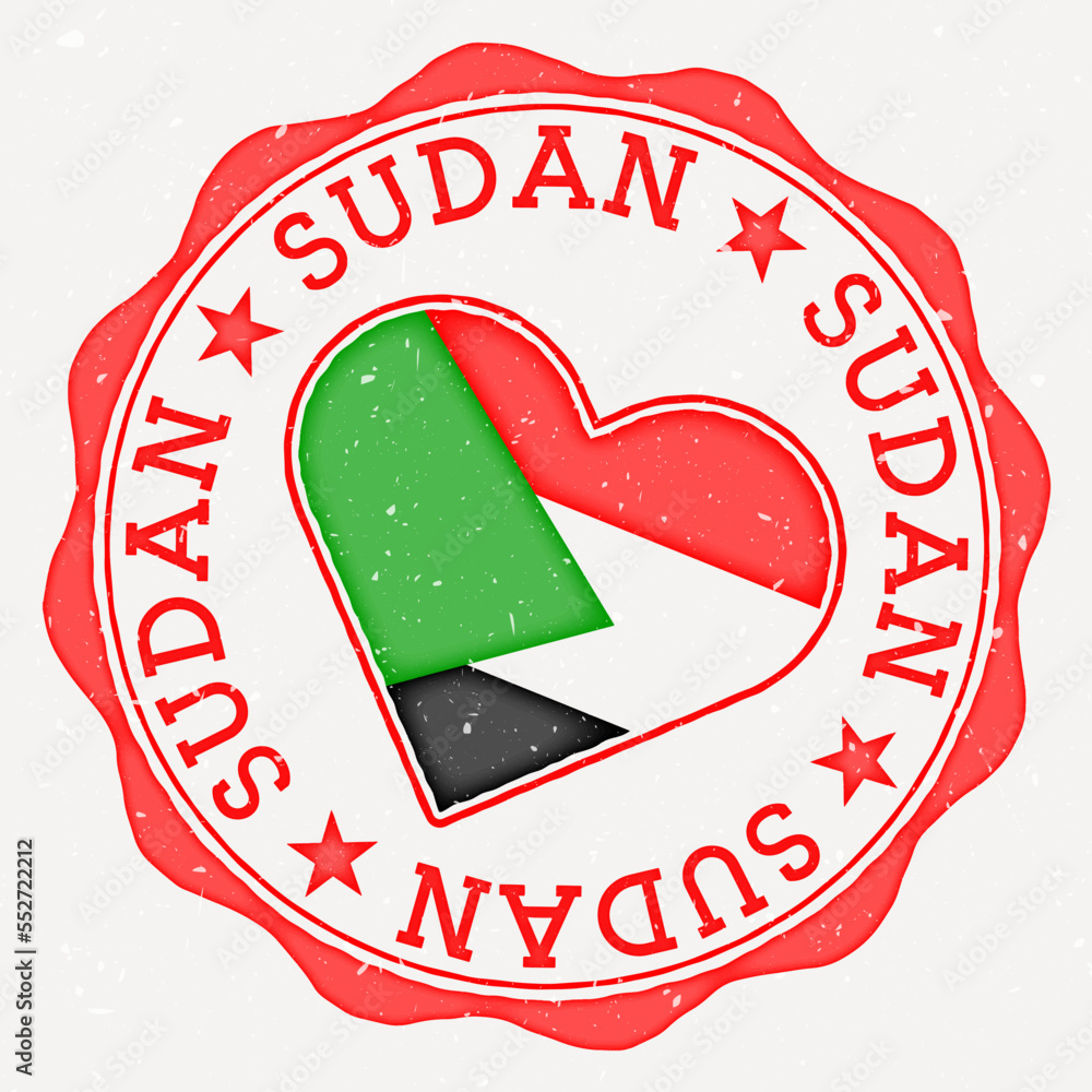 Poster sudan heart flag logo. country name text around sudan flag in the shape of a heart. neat vector illu