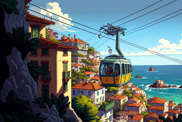 Obraz premium Funchal, a city in Madeira, Portugal, has a cable car that runs between the homes. Generative AI