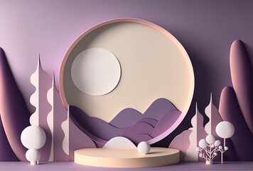 Elegant fashion inspired paper abstract stage mockup with circle podium and purple lilac mountain scenery. Generative AI