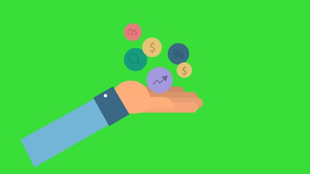 Hand moving animation with finance icons, investment stock video footage, green screen ready to use 