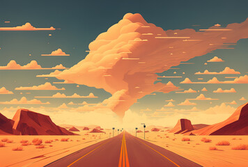 desert highway by alone, the sky overhead hazy. Generative AI