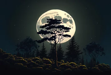 Voilages Pleine Lune arbre Dark sky with a full moon at moonrise. Generative AI