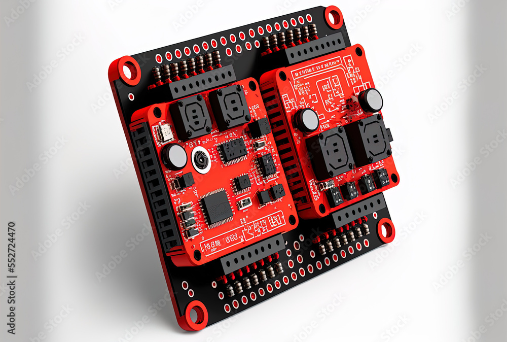 Aufkleber diy arduino modules against a white backdrop. selective attention pcb in red and black. generative a