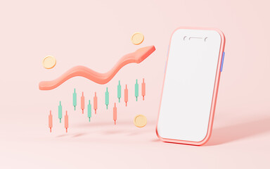 Mobile phone and stocks in the pink background, Growth stock and finance concept, 3d rendering.