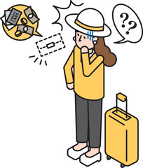 旅行中に財布を無くした女性のアイソメイラスト