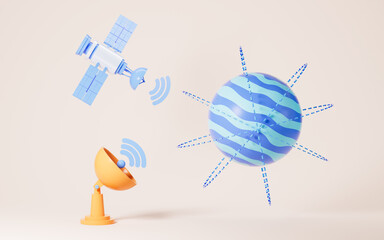 Cartoon planets and satellite in the yellow background, 3d rendering.