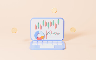 Stocks and statistical chart with laptop in the pink background, 3d rendering.