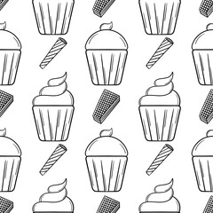 hand drawn cupcake seamless pattern on white background