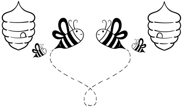 hand drawn bee family with cheerful faces on white background