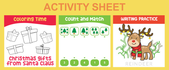 3 in 1 Activity Sheet for children. Educational printable worksheet for preschool. Coloring, count and match, and writing activity. Vector illustrations. 