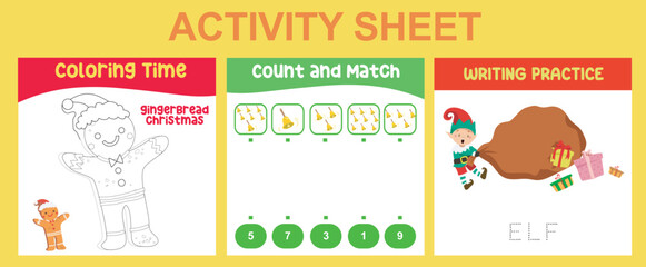3 in 1 Activity Sheet for children. Educational printable worksheet for preschool. Coloring, count and match, and writing activity. Vector illustrations. 