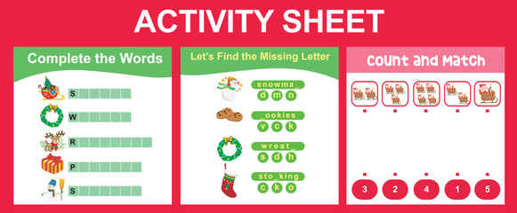 3 in 1 Activity Sheet for children. Educational printable worksheet for preschool. Complete the words, missing letter, count and match activity. Vector illustrations. 