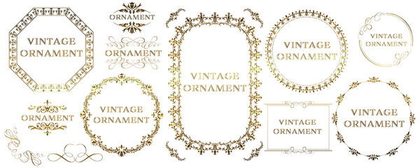 Set of graphic material, gold metallic orient pattern, arabesque pattern, antique, decorative ruled vintage frame