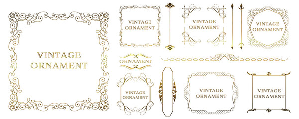 Set of graphic material, gold metallic orient pattern, arabesque pattern, antique, decorative ruled vintage frame