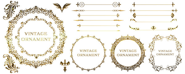 Set of graphic material, gold metallic orient pattern, arabesque pattern, antique, decorative ruled vintage frame