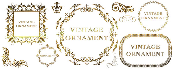 Set of graphic material, gold metallic orient pattern, arabesque pattern, antique, decorative ruled vintage frame