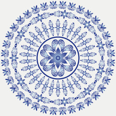 Vector round floral white and blue pattern in gzhel style on a white background