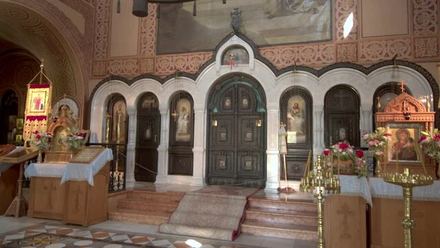 The rich interior of the Church of Mary Magdalene in Jerusalem.