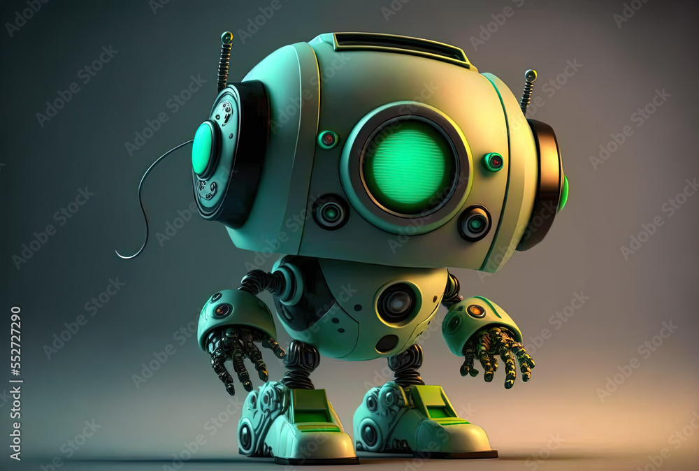 Poster charming artificial intelligence robot that can search up a cartoon figure. generative ai