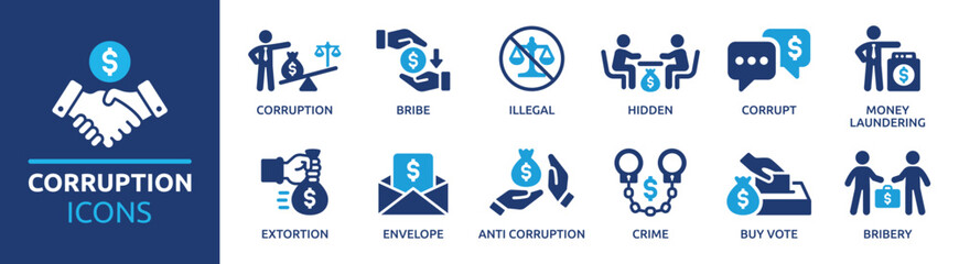Corruption icon collection. Bribe Money, money laundering, anti corruption, crime and bribery icons. Vector illustration. - obrazy, fototapety, plakaty