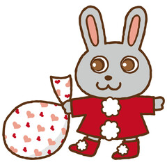 Cartoon Christmas Rabbit in Santa Claus Costume with Santa's Bag.