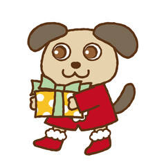 Cartoon Christmas Dog in Santa Claus Costume with Gift Box.