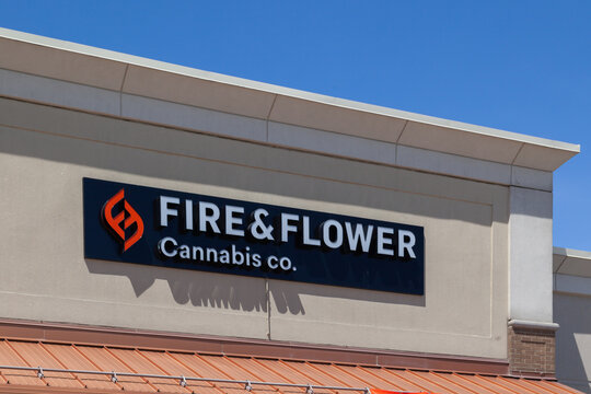 Toronto, ON, Canada - May 24, 2022: Close up of Fire and Flower store sign on the building is shown. Fire and Flower is a cannabis consumer retail and technology platform.