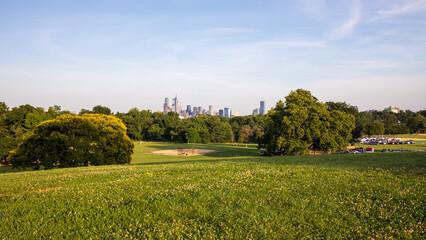 Philadelphia summer skyline, view from Fairmount Park, Pennsylvania, 2022.