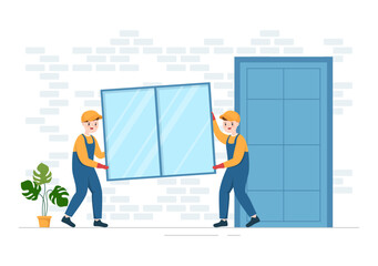 Obraz premium Window and Door Installation Service with Worker for Home Repair and Renovation use Tools in Flat Cartoon Hand Drawn Template Illustration