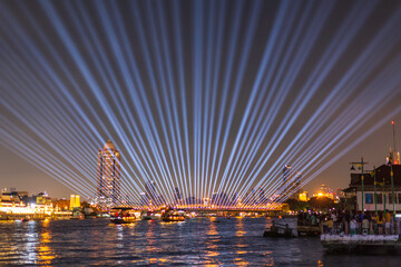 Fototapeta na wymiar Phra Phuttha Yodfa Bridge or Memorial Bridge light up with fireworks event show. ‘Vijit Chao Phraya’ lighting extravaganza with firework at Memorial Bridge,