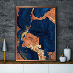 frame with modern abstract art, colors of navy, gold, rose mock up with table, lamp and vases