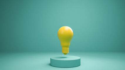 Yellow lightbulb floating over a pedestal on a cyan background. Concept of innovation, creativity and leadership. 3D Illustration.