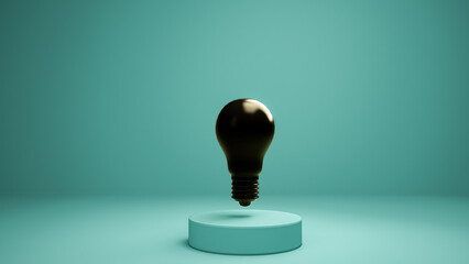 Black lightbulb floating over a pedestal on a cyan background. Concept of innovation, creativity and leadership. 3D Illustration.