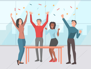 Cheerful team of company celebrating victory throwing confetti in air vector image. Office party. Everyday successful man and woman with arms up vector