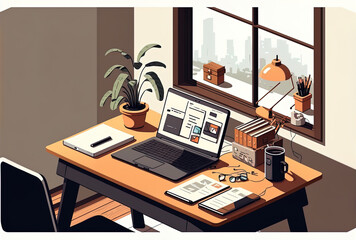 Business, technology, and operational procedures. Front view of freelancer's office shows an open laptop with a copy area for your design, laying on a table alongside a smartphone. Generative AI