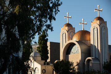 Afternoon view of a church and cityscape in downtown Torrance, California, USA.